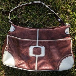 Mid-century modern brown and teal leather purse
